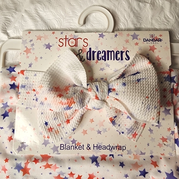 Baby Blanket and Headwrap White Red Blue Stars 30" x 40" 2 Pc Baby Gift Set NWT - Picture 2 of 6